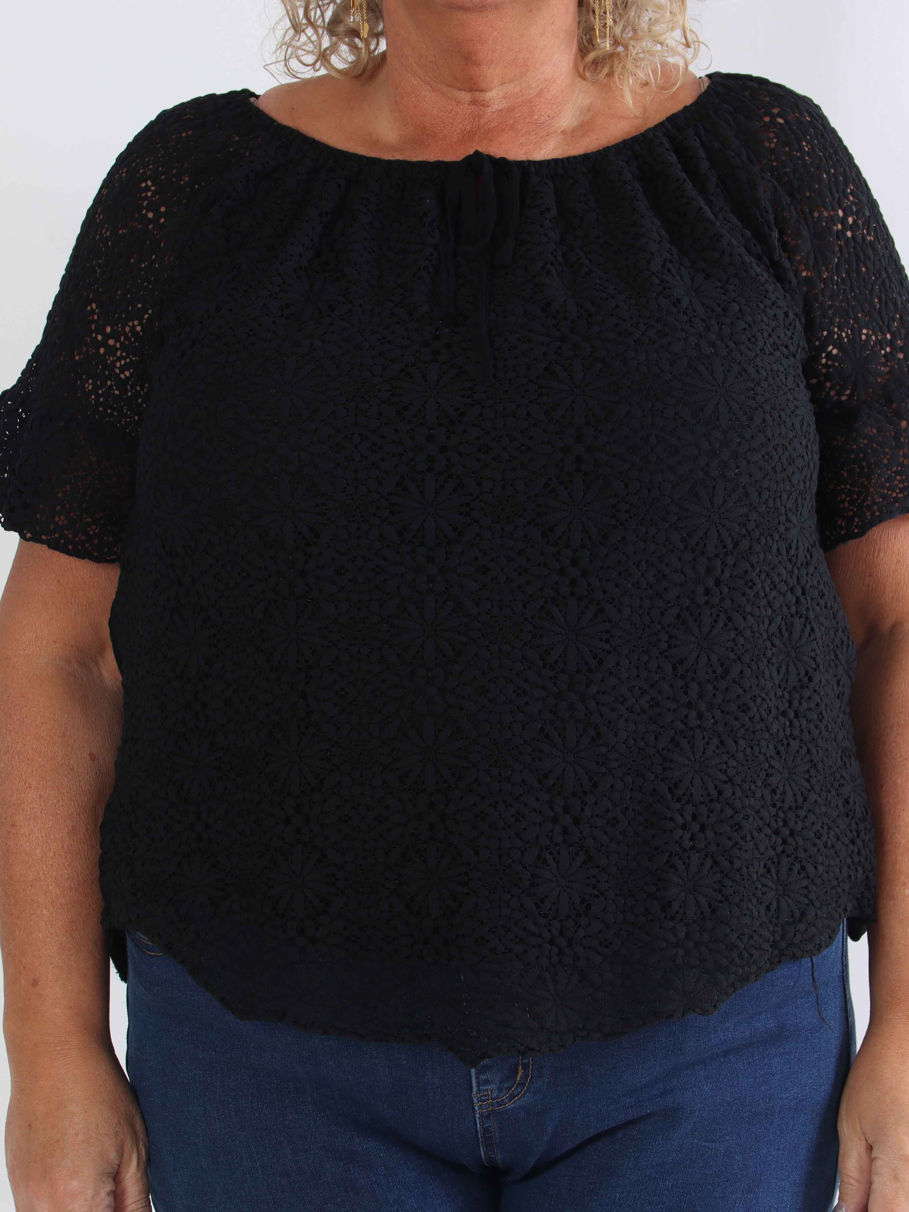 Elisa - Plus size-tunika i bomull med spets och elastisk halsringning